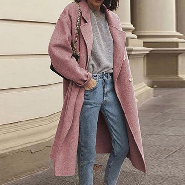 women's wool & blends women autumn winter double breasted long coat sleeve notched collar overcoat parka jacket vintage, Black